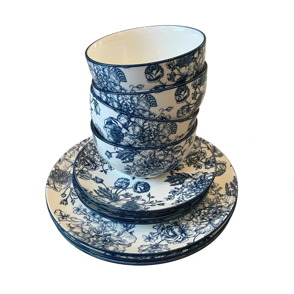 4pc Godinger English Garden Porcelain Salad Plates 7.5in Blue & White Floral